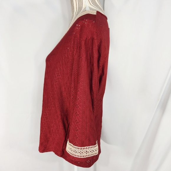 Liofoer NWT Red w/Cream Accent Front Neckline & Cuffs V Neck BOHO Top Size Large - Picture 4 of 12